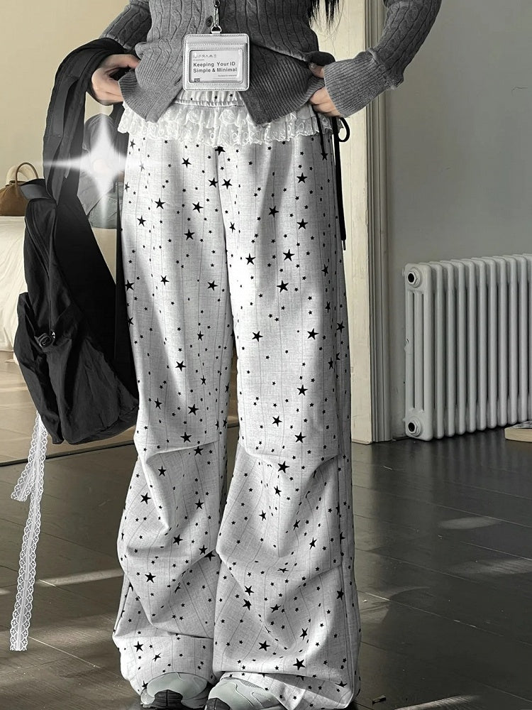 ホワイトグレーの星条旗柄ストレートレッグカットパンツ(調節可能なネクタイ付き)