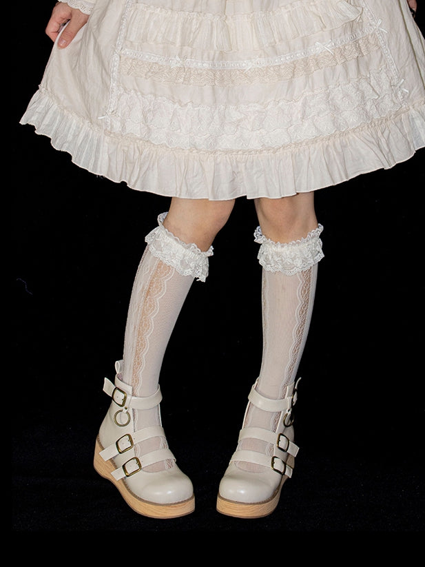 - Platforms Off-white Vintage Round Wood Sole 3 Straps Toe cm Wedge Grain Buckle 3–5