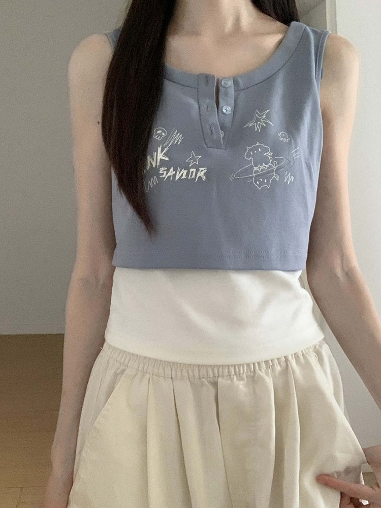 Graffiti Blue/Dusty Navy Top Two-pieces Blue/Dark Faux Print Tank Gray