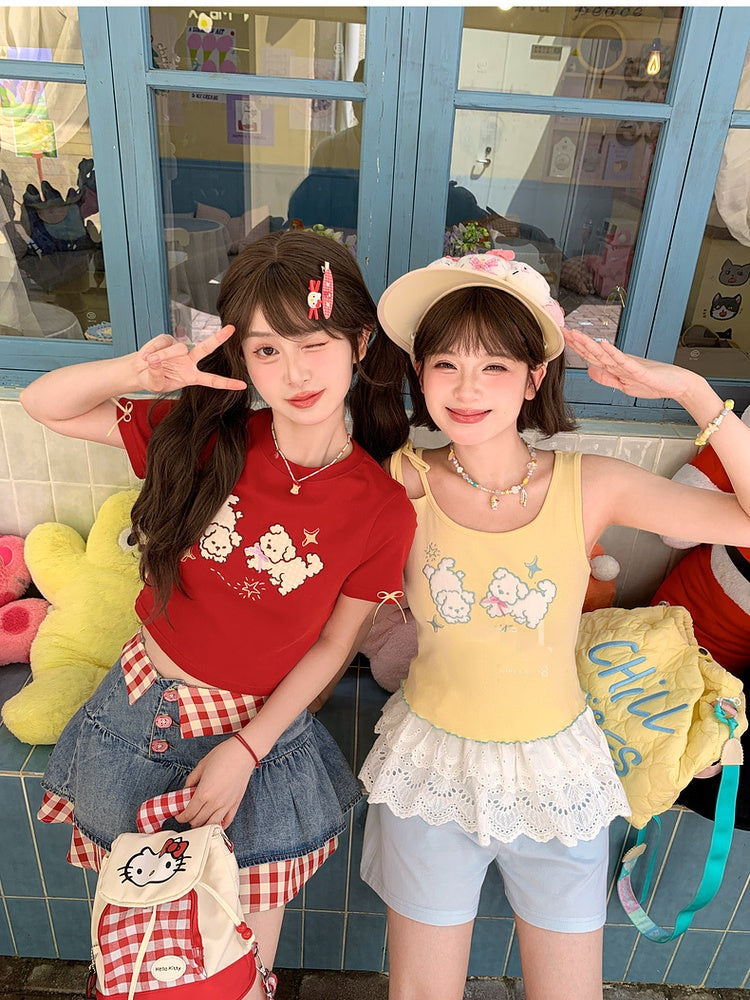Self-tie Yellow Puppy Embroidery Lettuce Hem Tank Top Strap Shoulder with