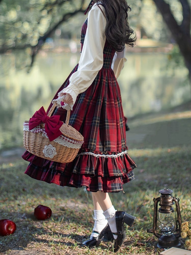 Bow Overall Plaid Dress High Red Waist Tie with