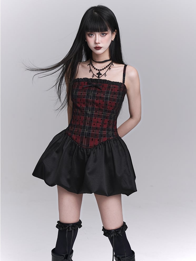 Red Plaid Basque Waist Mini Cami Dress Bubble Skirt