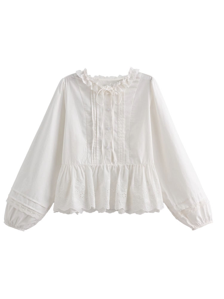 Self-tie Ruffle Neckline White Pleating Hem Blouse Details Lace
