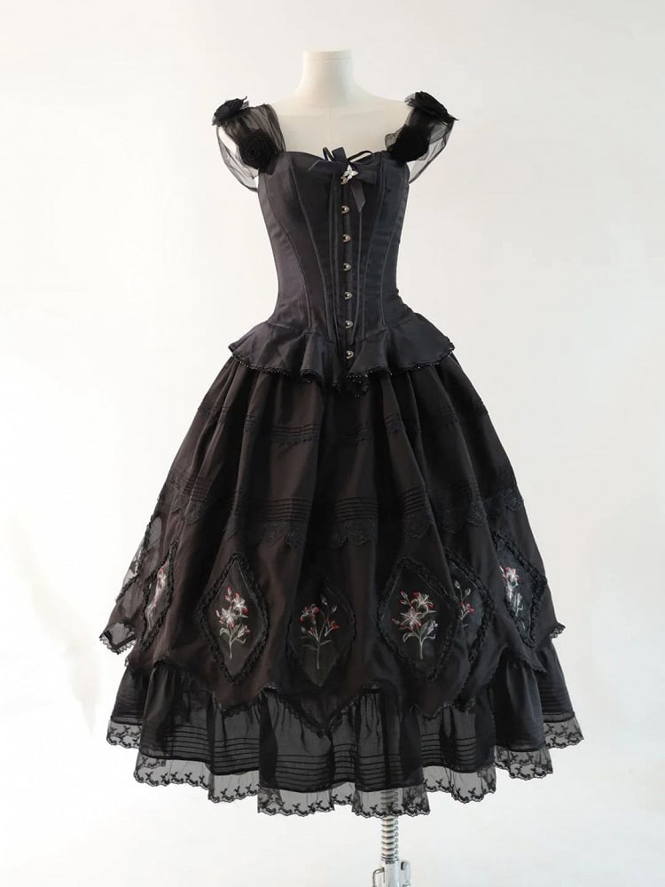 Black Lily Lace-Trimmed Embroidered Skirt Lolita