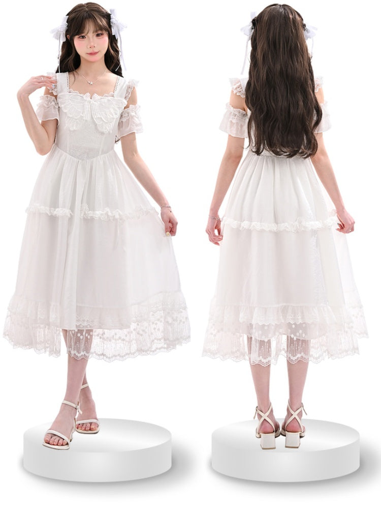 Mesh Overlay Detail with Sweet Dress White Flutter Sleeves Butterfly Neckline