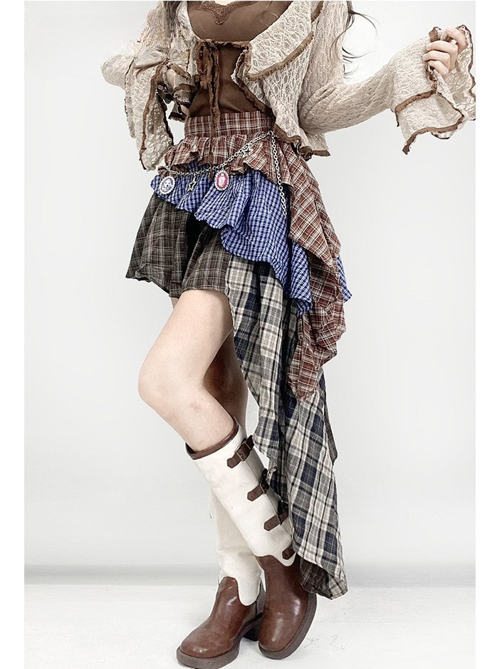 Millard Plaid Brown Skirt Tiered Fashion Asymmetrical Hem Pattern