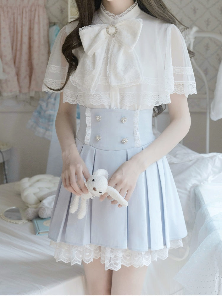 Jirai Kei Set Box Pleat Skirt+ Cape Top+ Blue Trim Bow Tie White Lace