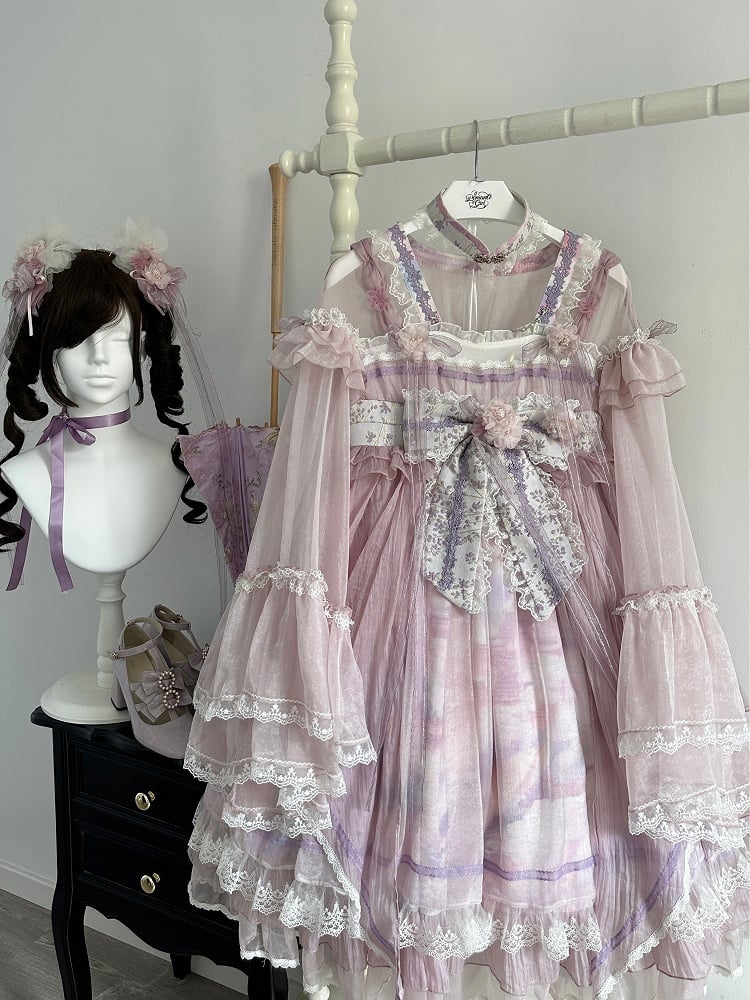 Han Bow Lolita Piece Long Pink-Purple Semi-sheer Print Sleeves Big Dress Whale Wide One