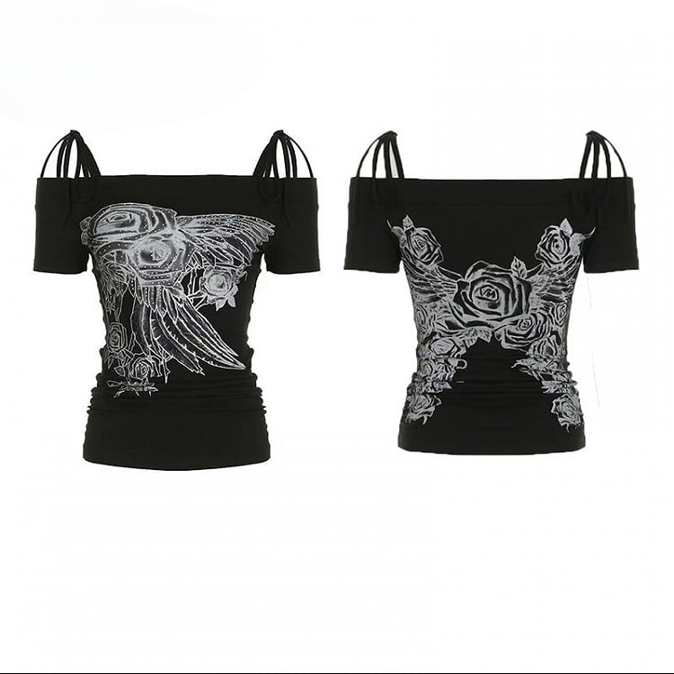 Off-the-shoulder Neckline Decorated Floral Black Rhinestone T-shirt Design Y2K