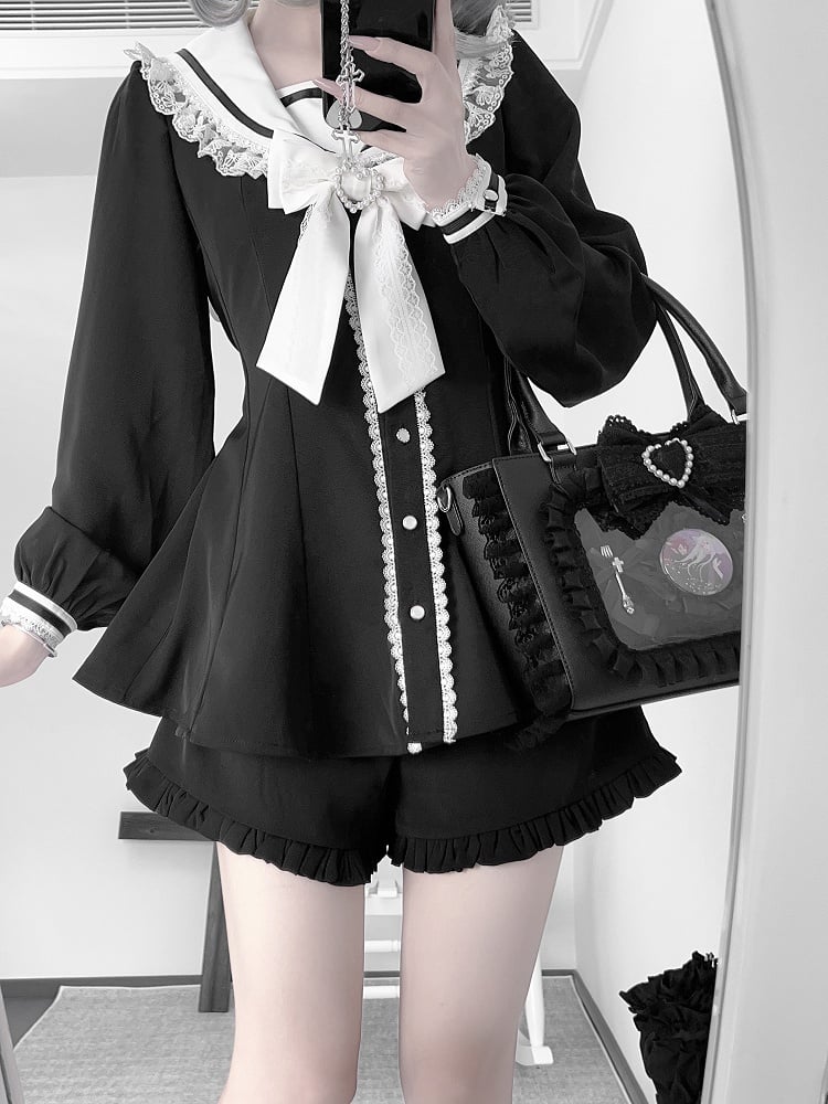 Black White Kei + Ears Bow Mini Dress + Ruffle Hem Shorts Jirai and Back Tie Sailor Collar Bunny Design Set-