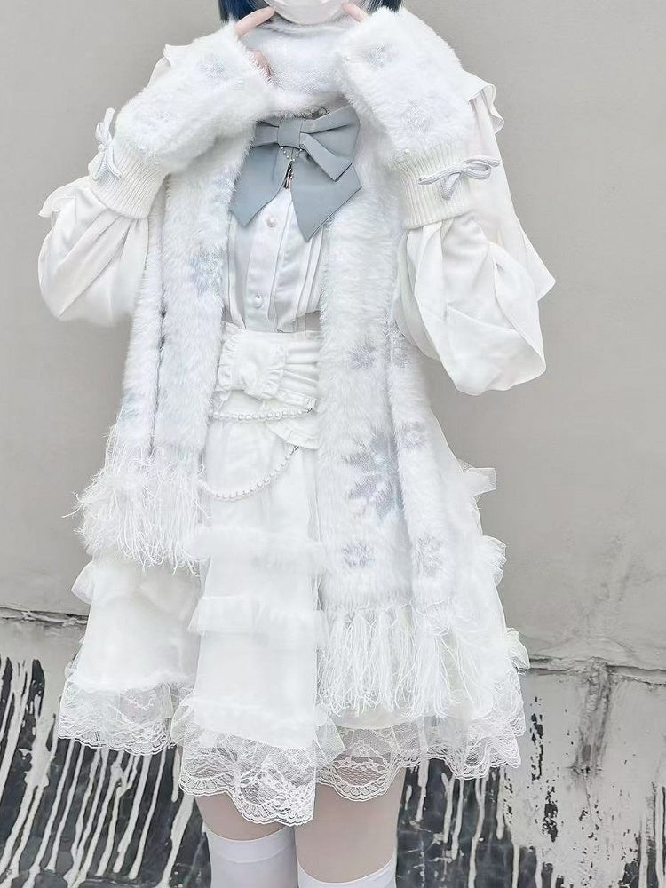 Fingerlose Strickhandschuhe mit Schneeflockenperlen-Akzenten, silberner Schleife und Weiß