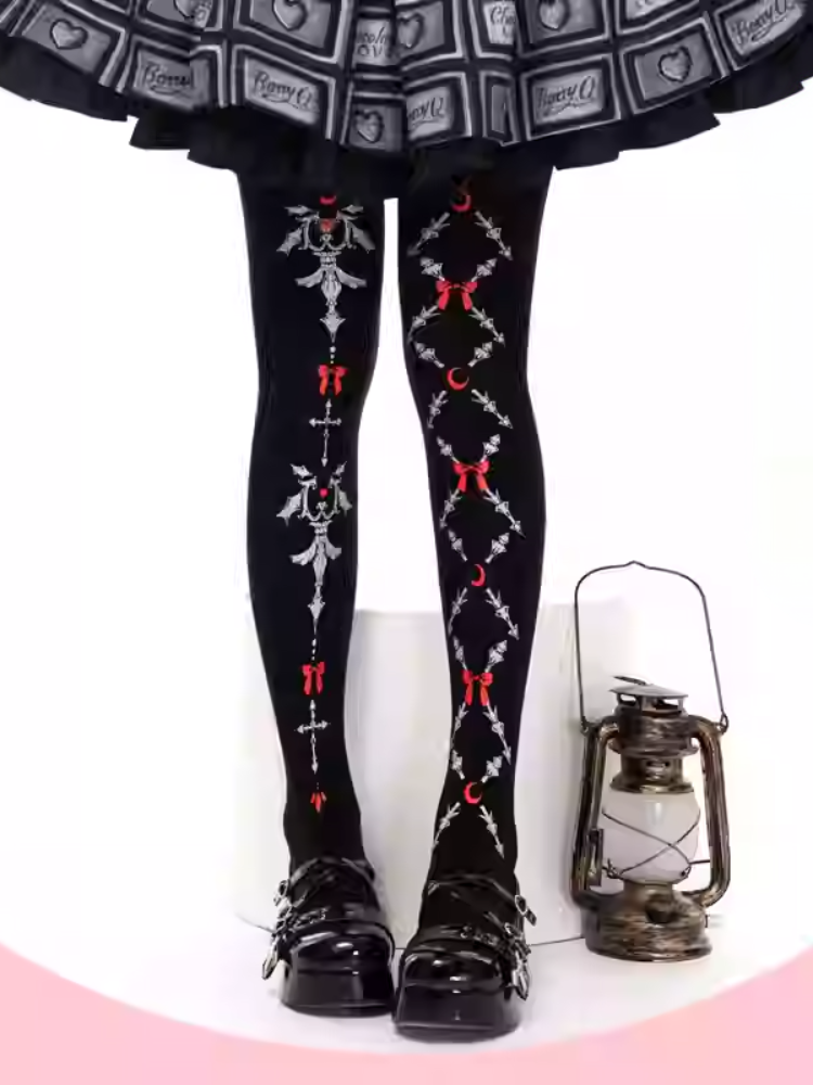 Schwarze Gothic Lolita Strumpfhose mit roten Schleifen