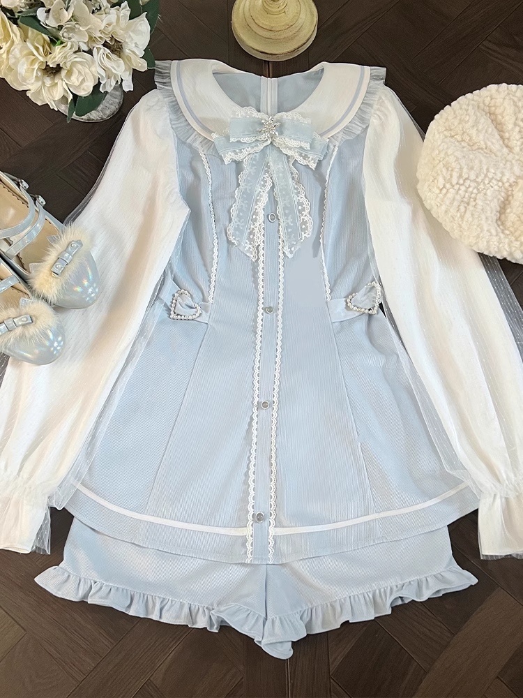 Blaues Minikleid mit Peter-Pan-Kragen + Rüschen-Set – leichte Shorts mit Jirai-Kei-Saum