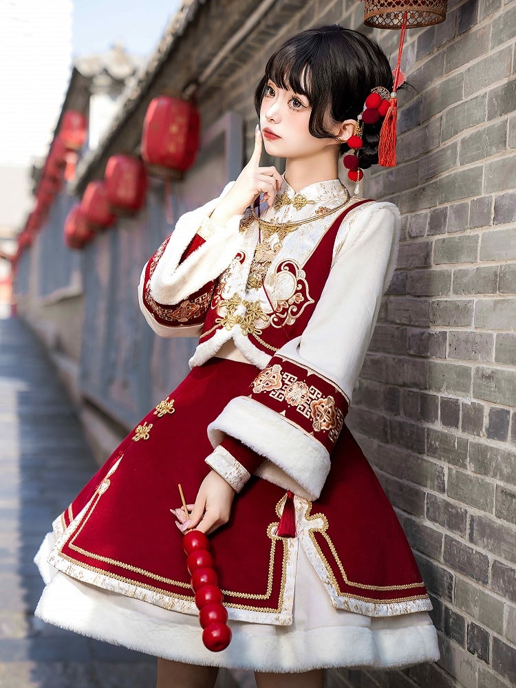 Red New Year Knot Buttons Banded Collar Lolita Dress Vest Tassels Crossbody Bag Full Set