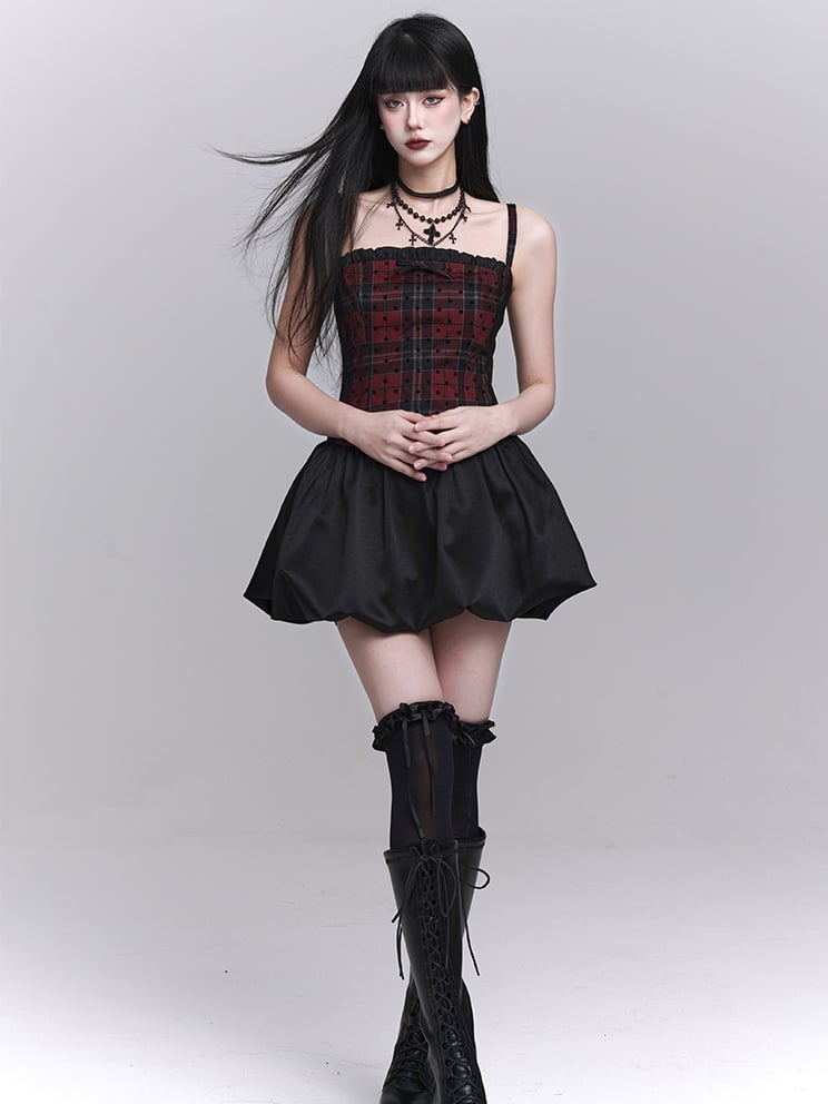 Red Plaid Basque Waist Mini Cami Dress Bubble Skirt