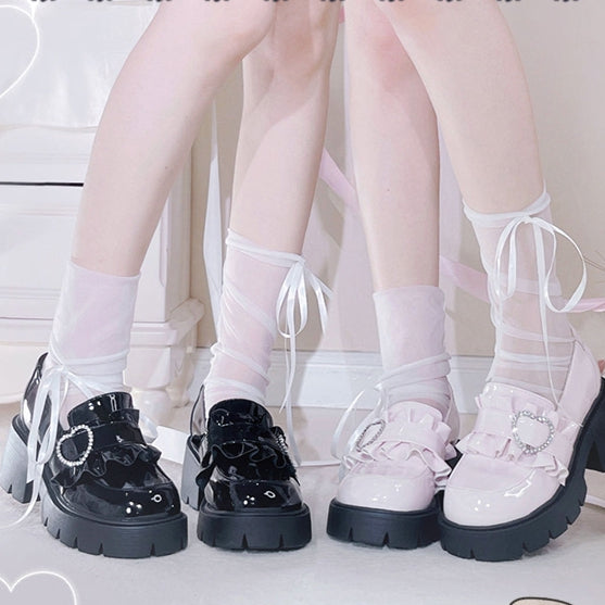 Schuhe Jirai 6,5 cm Pink Chunky Detail Kei mit Loafers Perlenabsatz Sweetheart Plateau