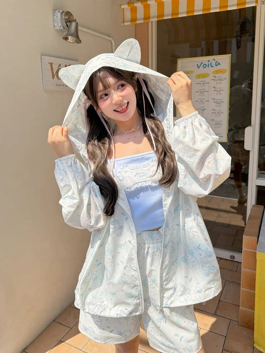 Ears Hood Design Kitty Print Kitty Sun Protection Jacket White Adorable