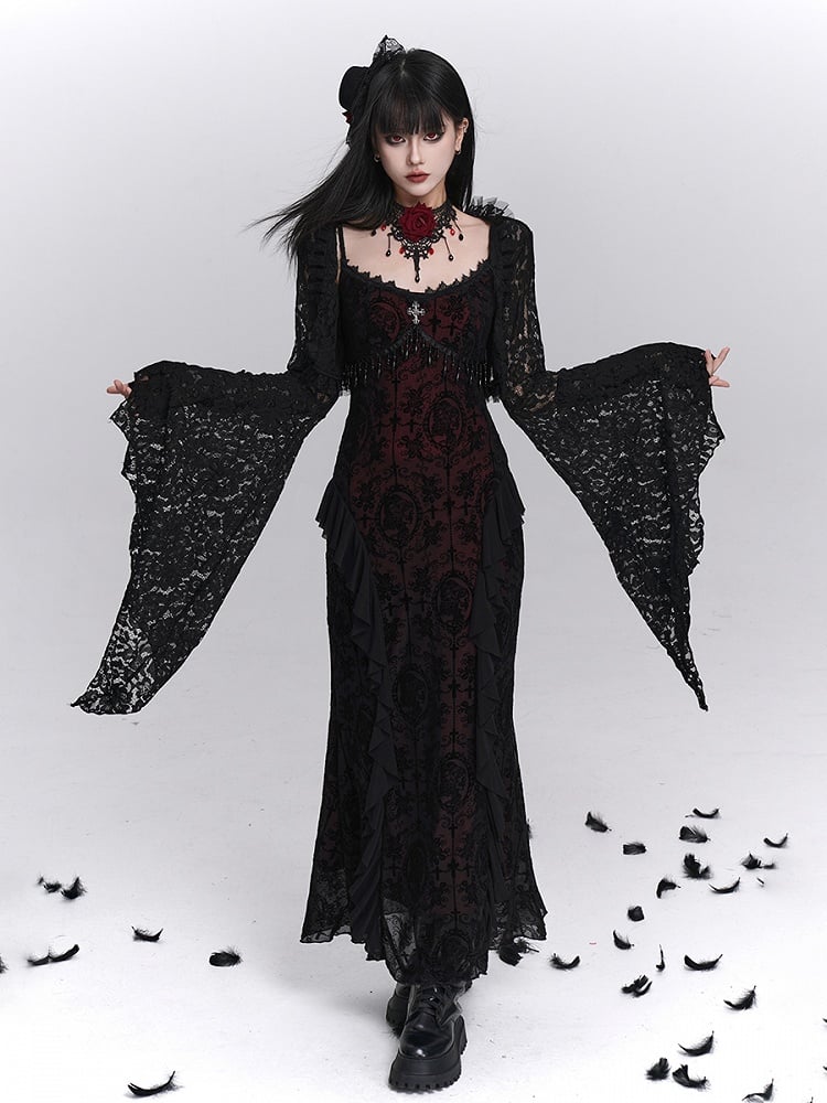 Black Shrug Embroidery Lace Crop Floral with Sleeves Bell Gothic Halloween