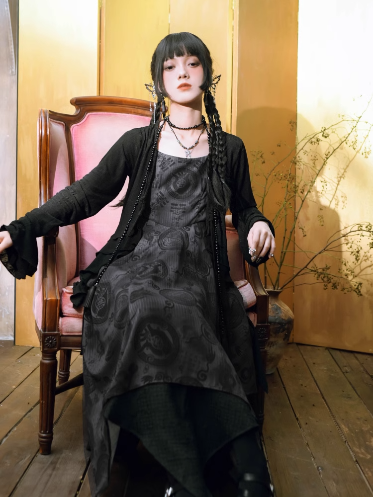 Hem Cheongsam Style Graphic Handkerchief Cami Chiffon Dress Black