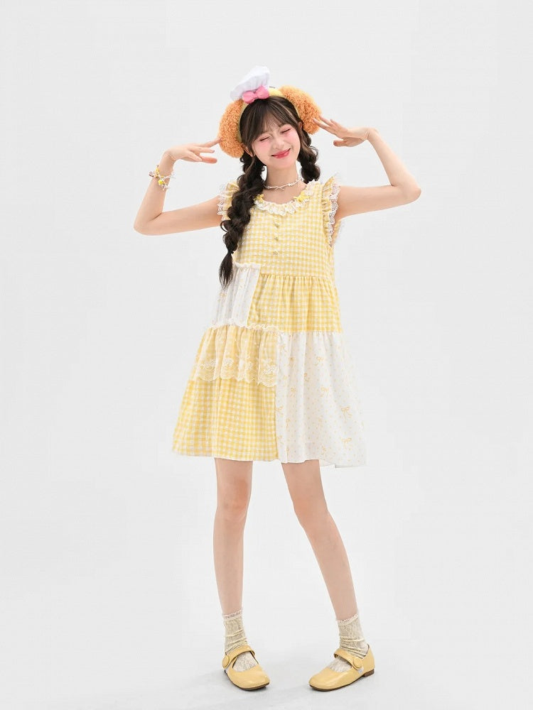 チェック柄ドレス ティアード イエロー パッチワークデザイン フラッタースリーブ スイート