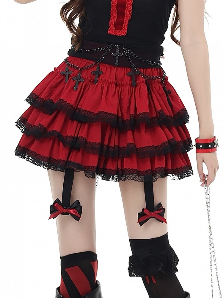 and Trim Glamorous Black Bowknot Tiered Skirt with Lace Red Y2K Detachable
