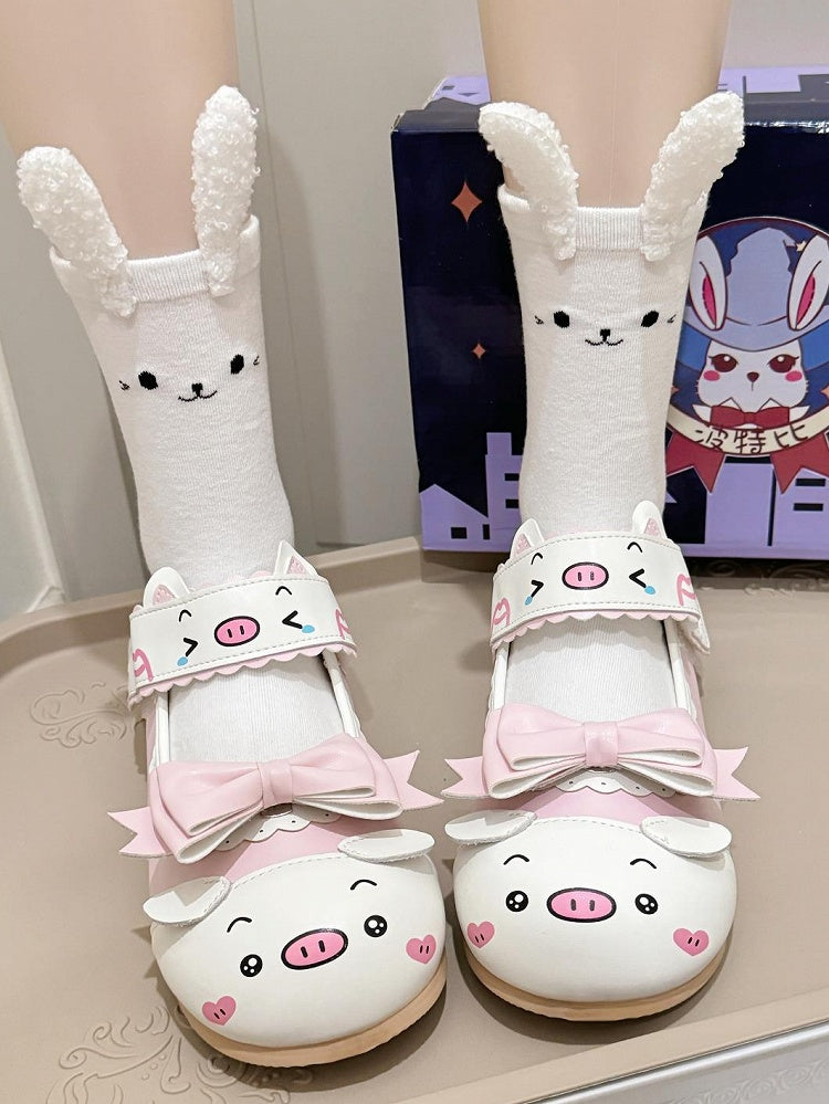 Featuring Shoes Removable Pig Scalloped White Print Bow Trim PU Cute in - Flat