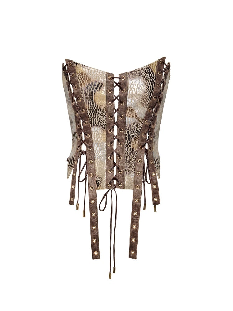 Pattern Punk Wasteland Brown Tube Top Lace-up Detail Snakeskin