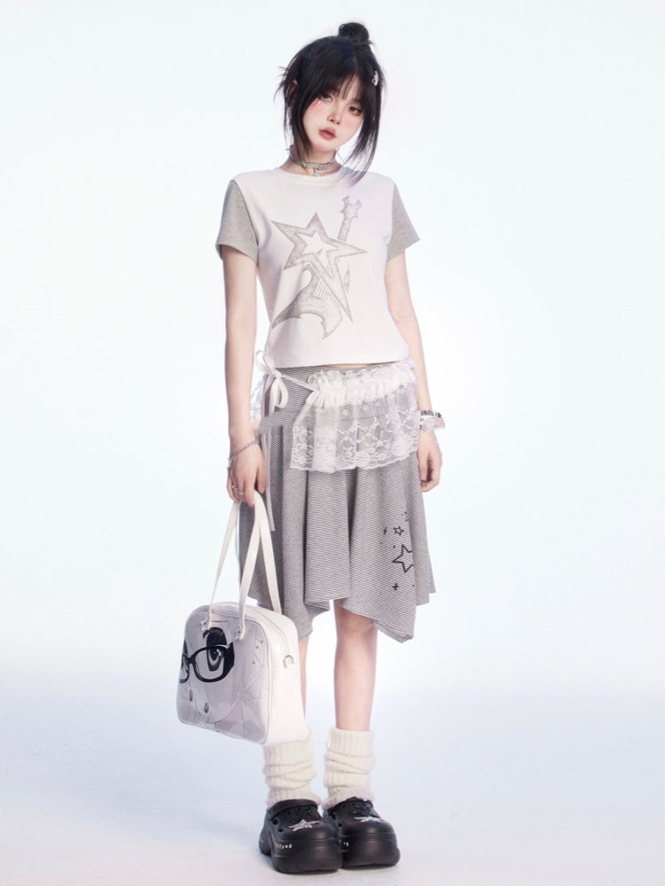 and Waist Asymmetrical Hem Low White Gray Star Print