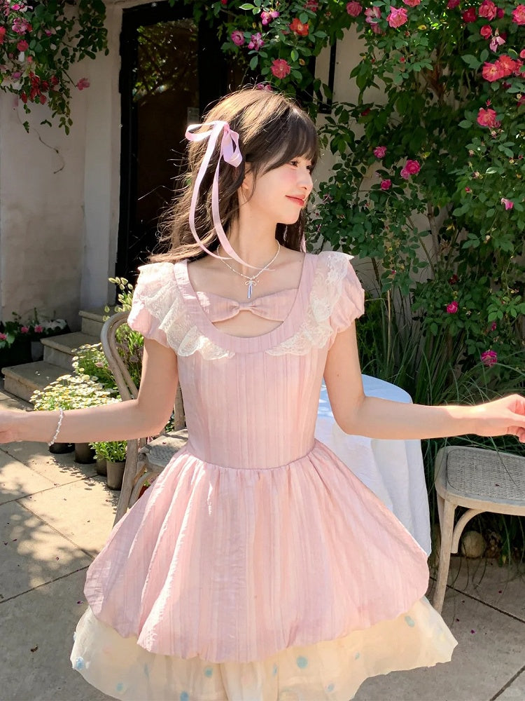 Pink Bowknot Detail Neckline Tiered Skirt Hem Sweet Dress Colorful Polka Dot