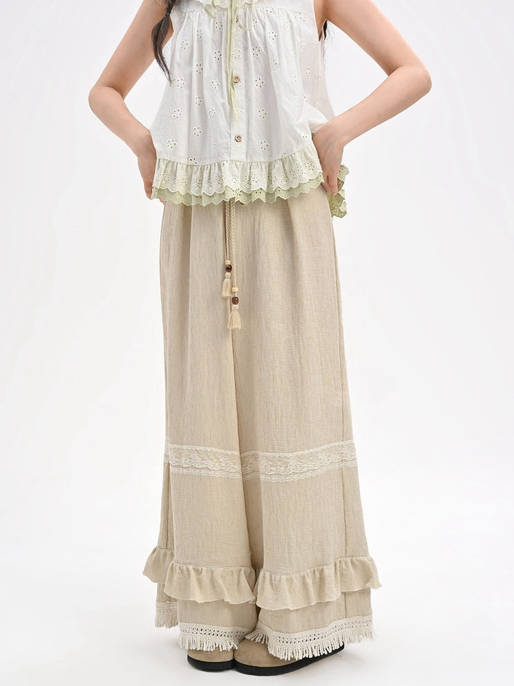 Khakifarbene, gerüschte Flachs-Manschetten mit Quastenbesatz und Kordelzug, normale/kurze Taille, Hose mit weitem Bein