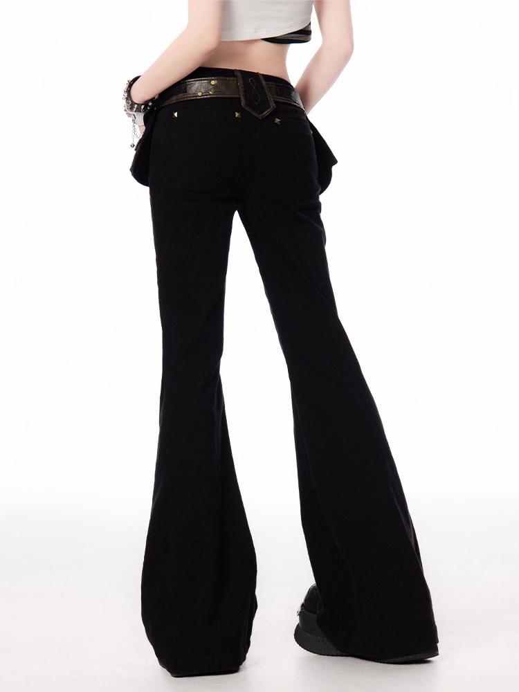 Buckle Waist Studded Cuffs Flared Pants with Black Low Belt