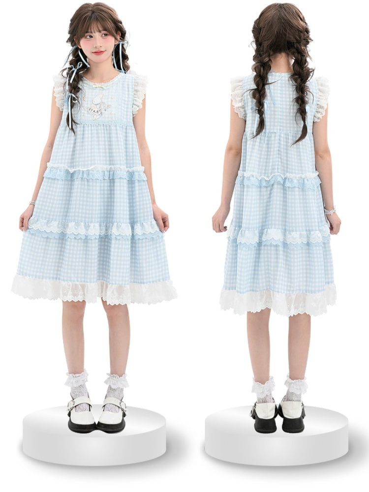 Sleeveless Dress Blue Plaid Tiered Flutter Bunny Embroidery Lace Sleeves Skirt Trim