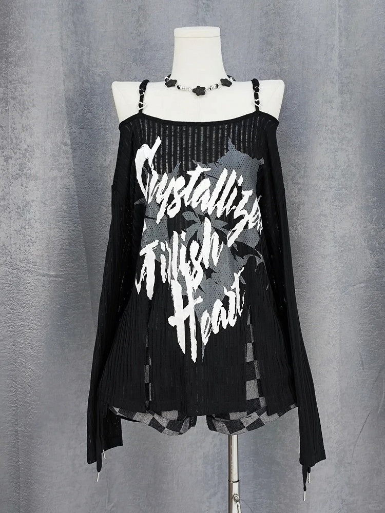Y2K Slit Black/White Off-the-shoulder Graphic Hem Neckline Coverup