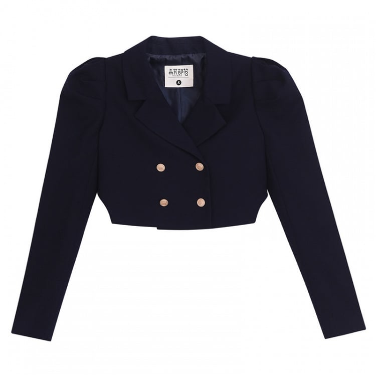 Marineblauer JK-Kurzblazer mit Reverskragen und goldfarbenen Knöpfen