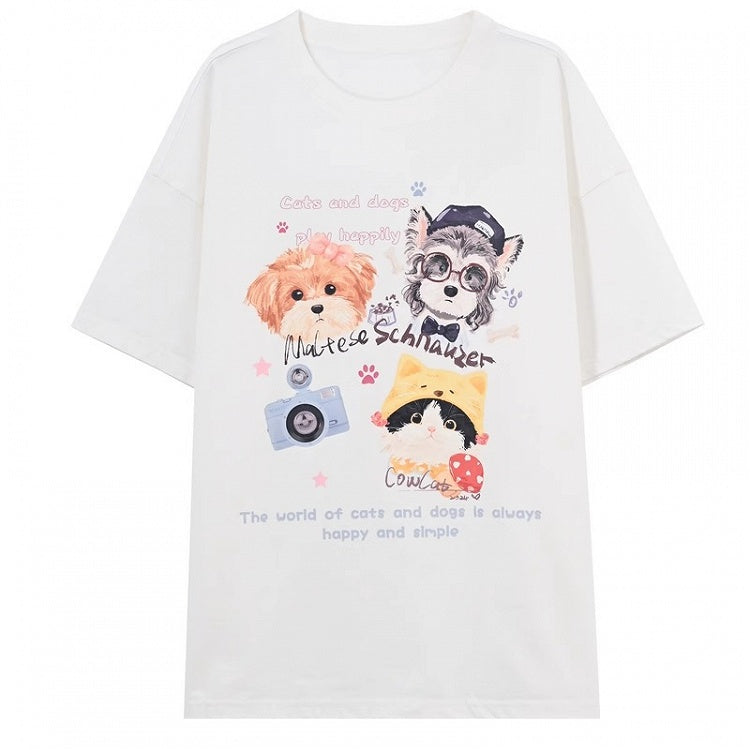 White/Black/Dark Blue Round Neck Puppy and Kitty Print Loose T-Shirt
