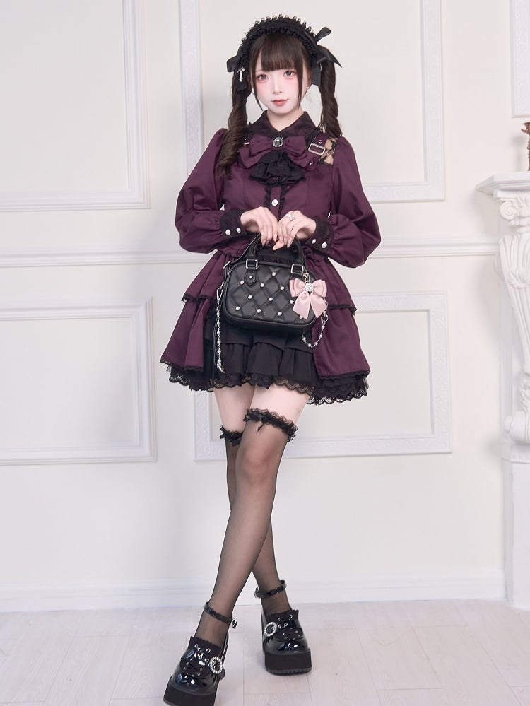 Blouse Bowknot Illusion over Jirai Neckline Straps Buckle Purple Brooch Kei and with