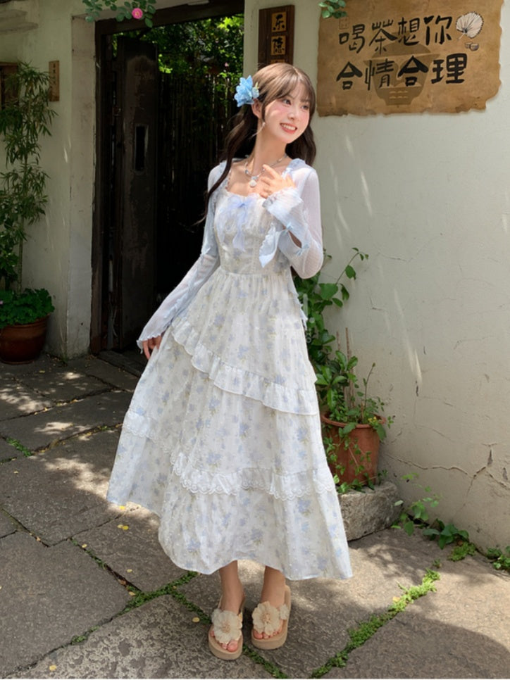 トリムライトブルーの蝶結びカフスのディテールオープンプラケットシフォンカーディガンフリル