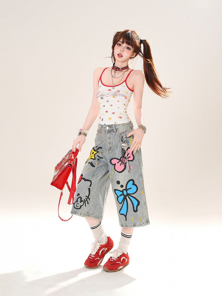 White Cute Slim-fitting Print Cami Top Contrast Red Trim