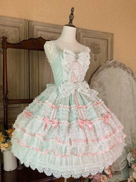 ミントグリーンのレイヤードスカート花嫁ドレス、取り外し可能なリボン付きスウィート姫ロリータジャンパースカート