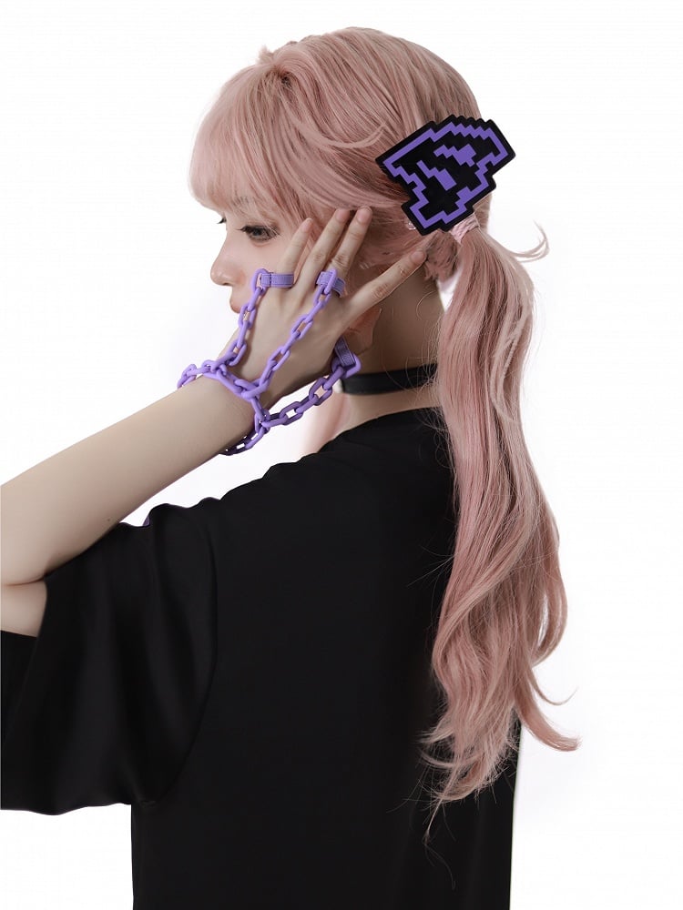 Lila mit und Pixel Zeichen Druck Kette Design Jirai Kei T-Shirt Ring Armband Finger Schwarz