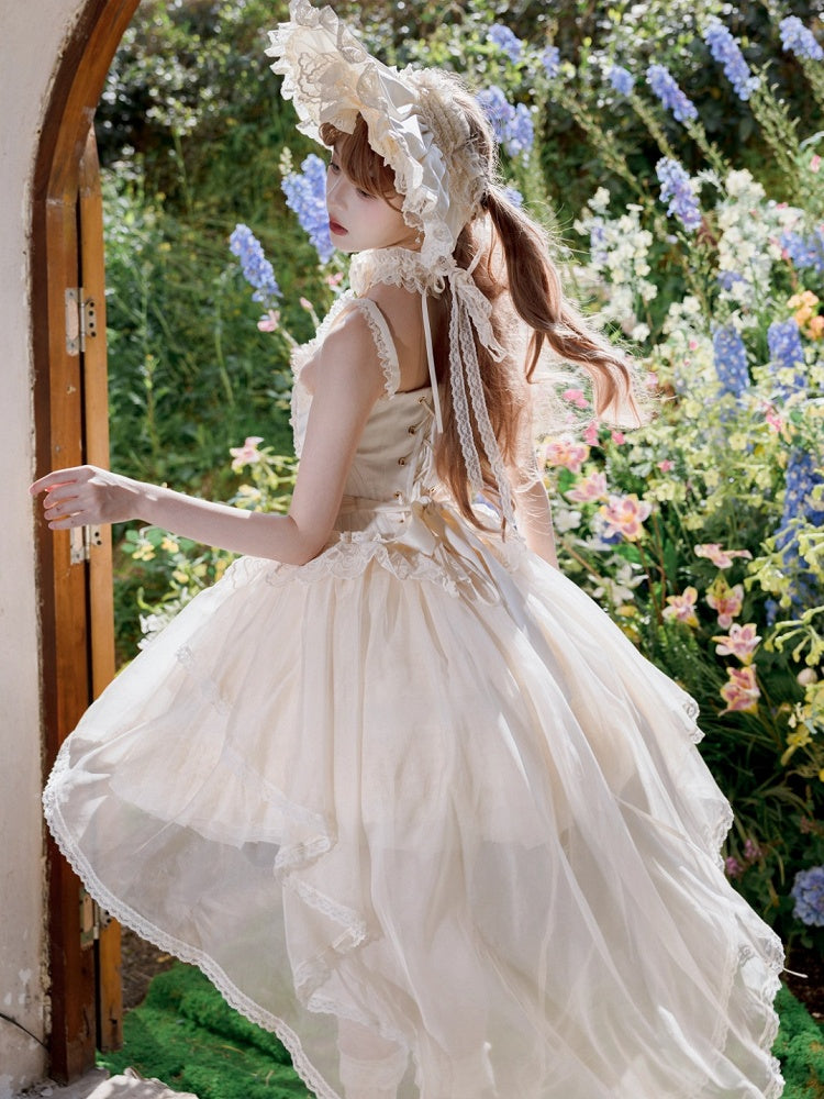 + Top Set Creamy Elegant Balletcore Skirt Lolita High-low Overlay Corset - Boned