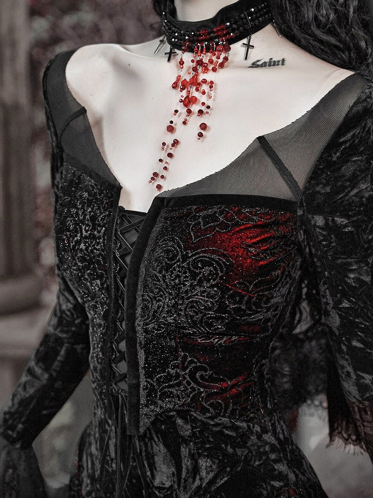 Wings Romantic Velvet and Shaped Lace Neckline Bat Vampire Dress Goth Mermaid