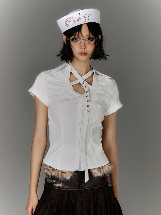 Back White Buckle Y2K Strap Neckline Butterfly Cutout Detail Shirt