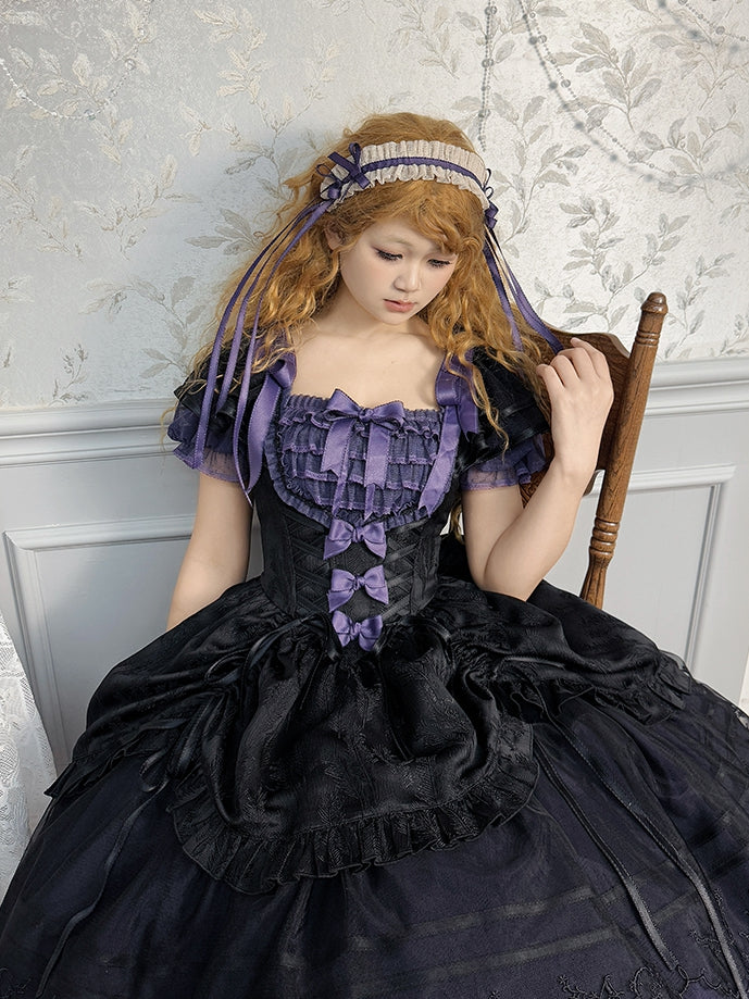黒と紫のスクエアネックラインジャカードドローストリングスカートクラシックロリータドレス