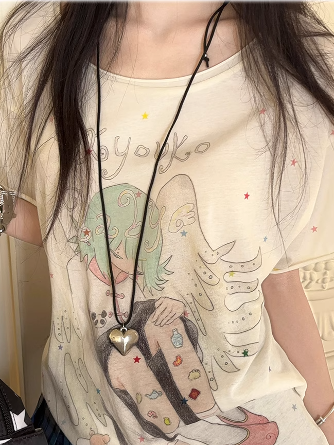 Cartoon Rundhals T-Shirt Engel Print Aprikose
