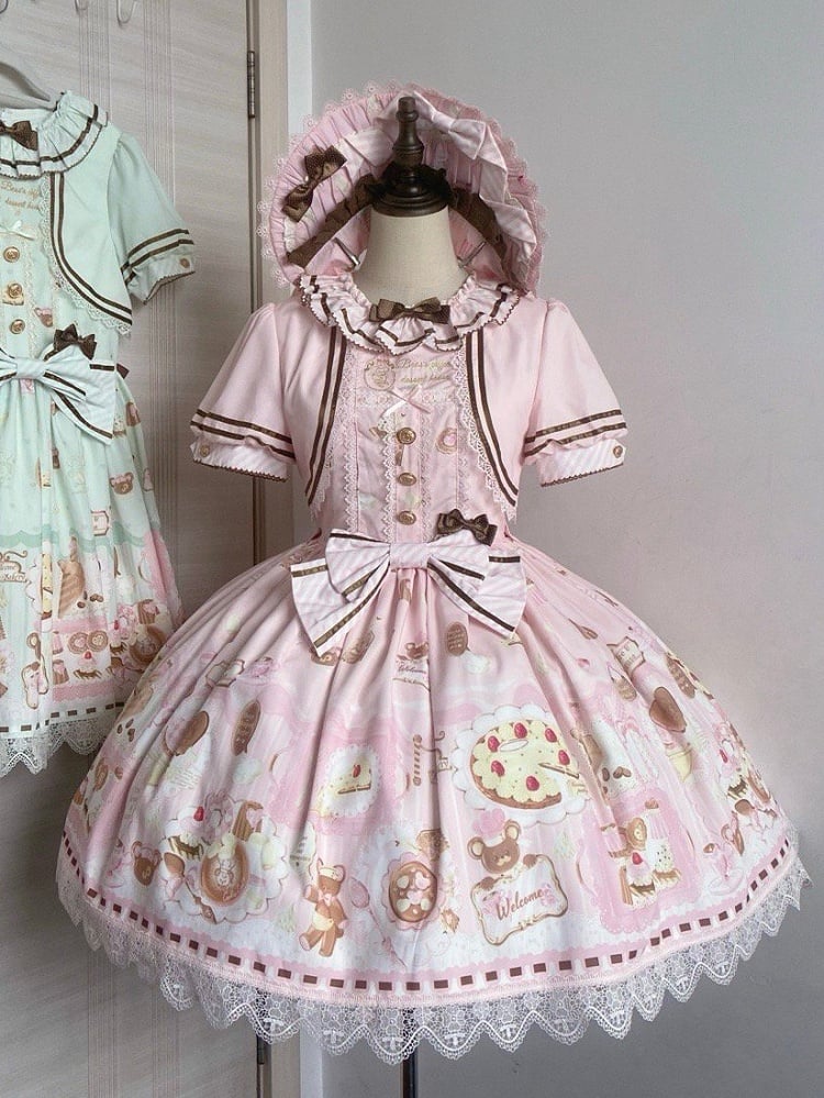 Two-pieces Theme Fake Desserts Bear Dress Pink Lolita Sweet Print Design