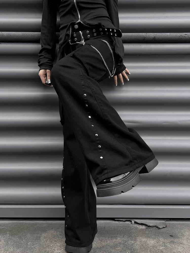 Punk Black Letter Patch Cargo Pockets Low Waist Fishtail Pants mit Gürtel