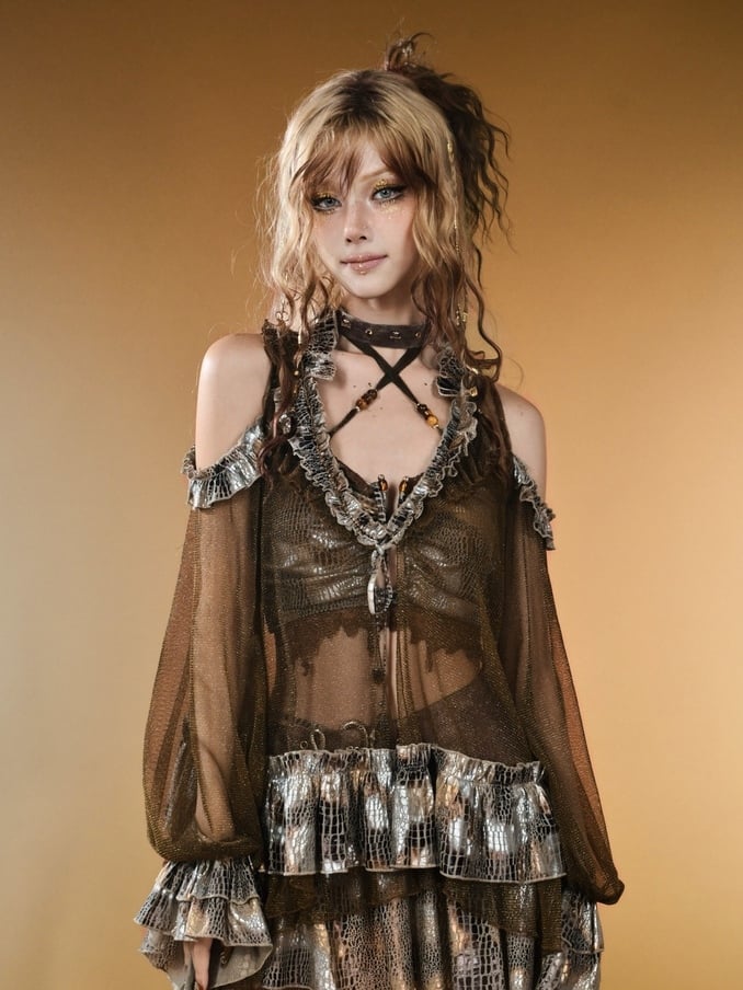 Top Cutout Shoulder Dark Punk Wasteland Sleeves Semi-sheer Design Long V-neck Brown