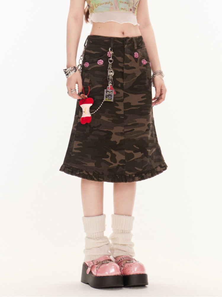 Waist Vintage Ruffle Hem Denim Mermaid Skirt Camo Low