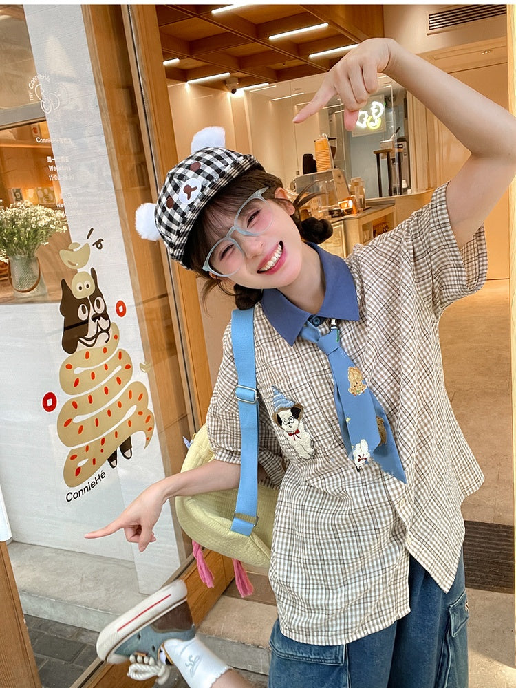Adorable Puppy Embroidery Plaid Shirt with Tie Light Brown